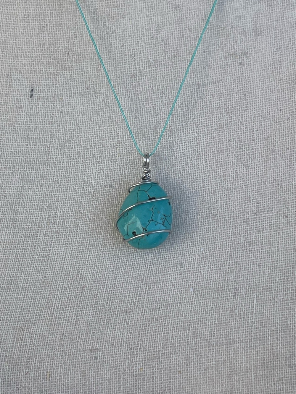 Turquoise Dyed Howlite Stainless Steel Wire-Wrap Necklace on Aqua Nylon Cord - Picture 2 of 4